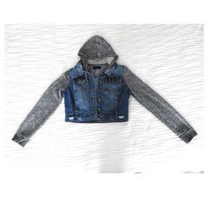 Women's Cropped Denim Jeans Jacket Distressed Knit Sleeves and Hood Size L